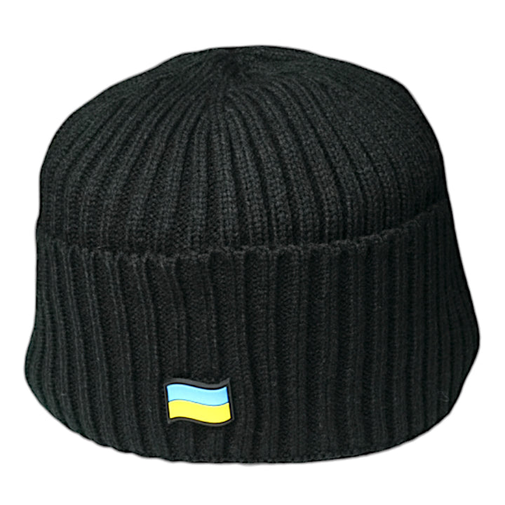Black Fleece-Lined Knit Hat with Ukraine Flag