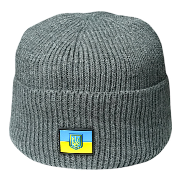 Gray Fleece-Lined Knit Hat with Ukraine Flag and Trident Emblem